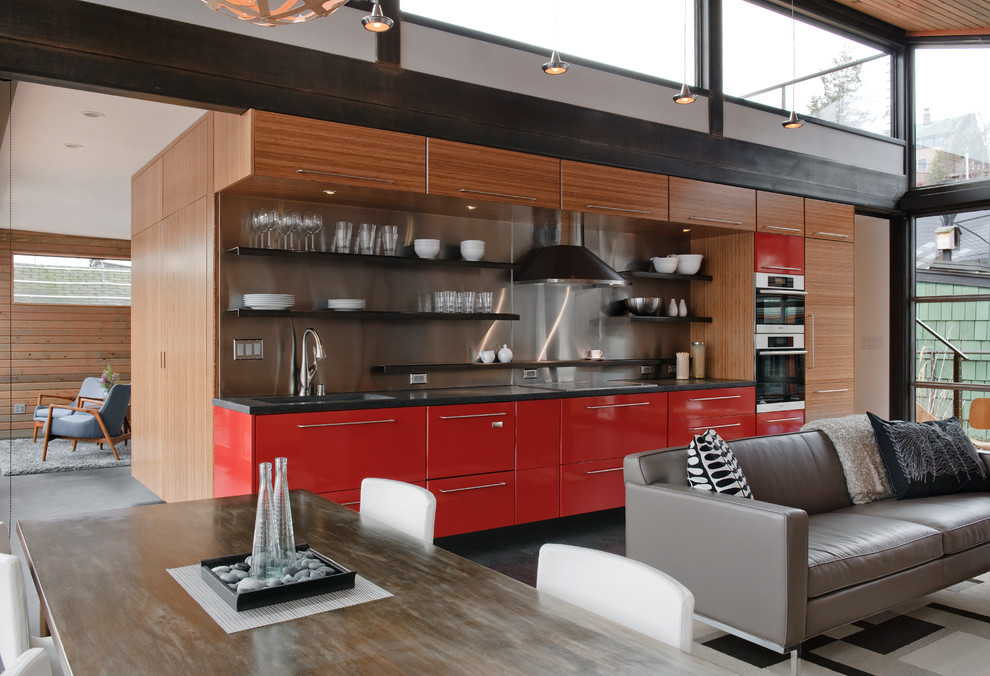Single Wall Open Concept Kitchen  for Industrial Kitchen with Salvaged Wood