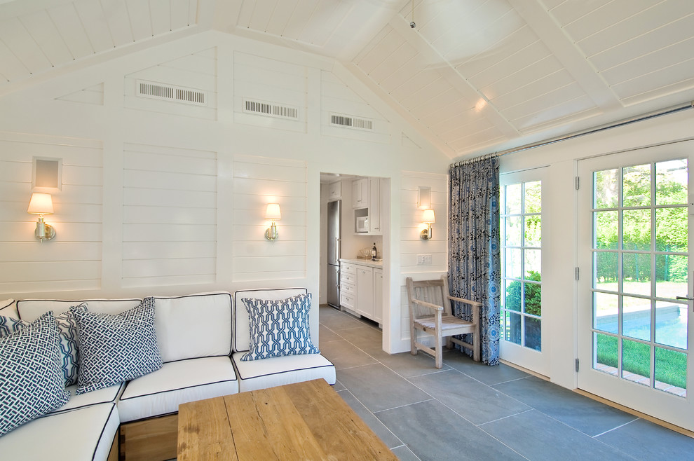 Slate Floors  for Beach Style Living Room with French Doors