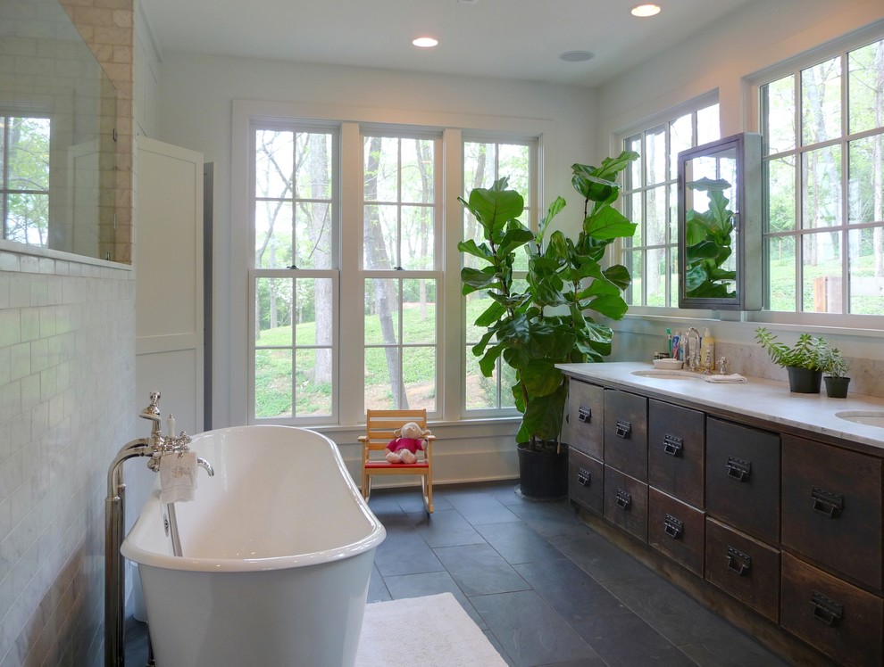Slate Floors  for Contemporary Bathroom with Reclaimed Vanity