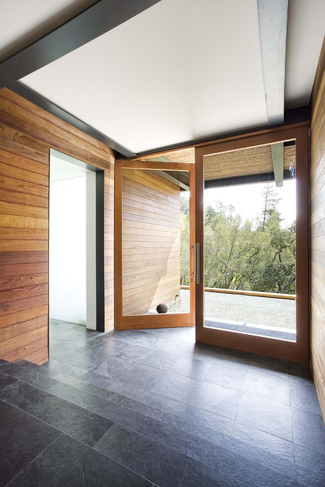 Slate Floors  for Modern Entry with Exposed Beams