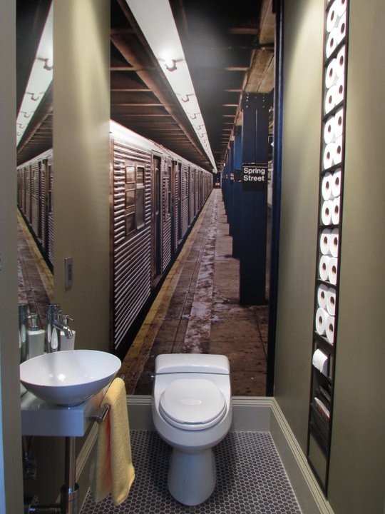 Train Murals  for Eclectic Bathroom with Vessel Sinks