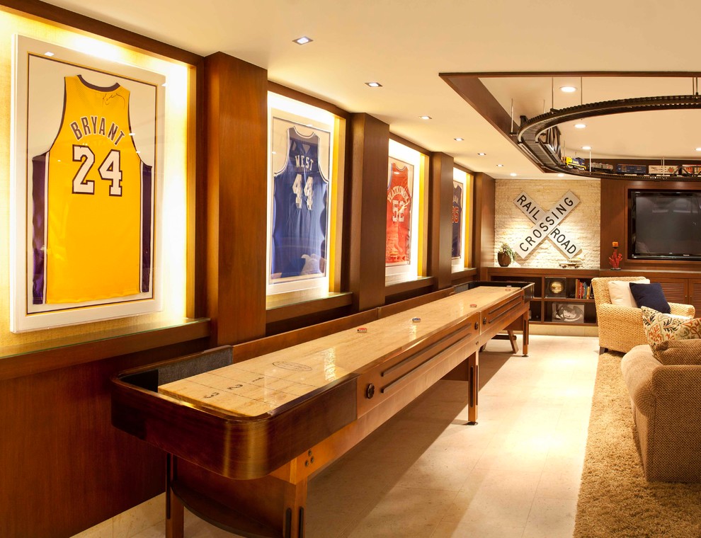 Train Track  for Contemporary Family Room with Framed Jerseys