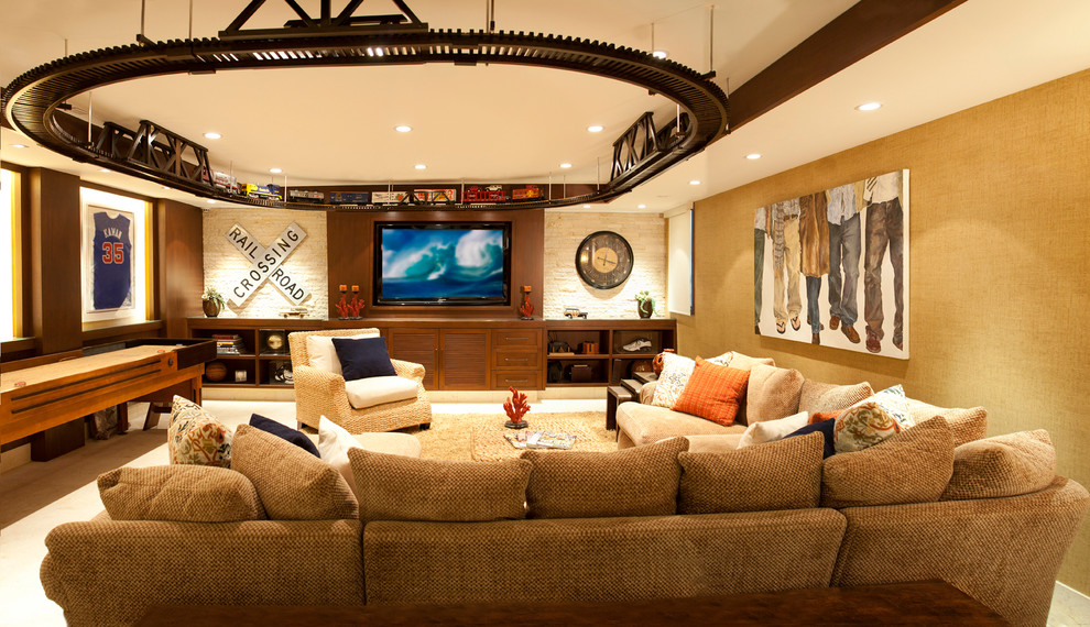 Train Track  for Traditional Home Theater with Beige Grasscloth