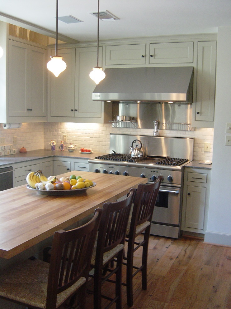 White Backsplash  for Traditional Kitchen with Wood Barstools