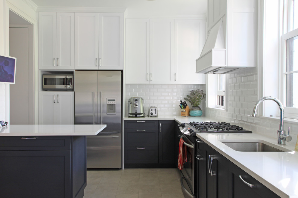 White Backsplash  for Transitional Kitchen with Bow Pulls