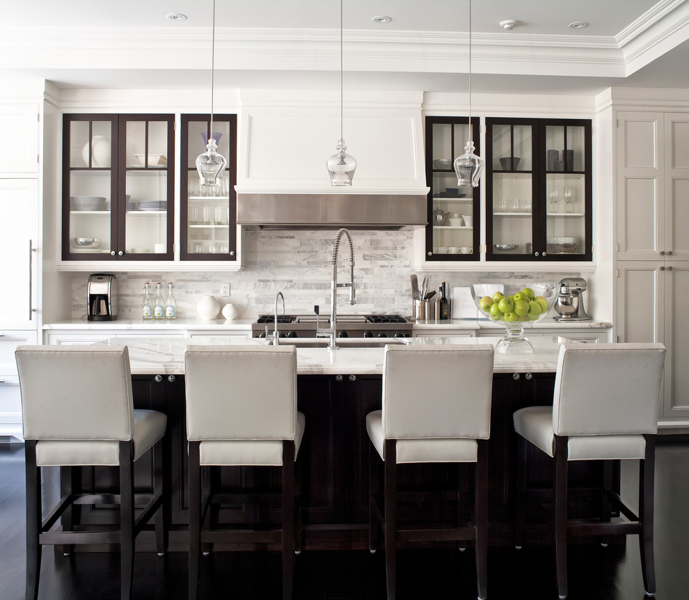 White Backsplash  for Transitional Kitchen with Pendant Light