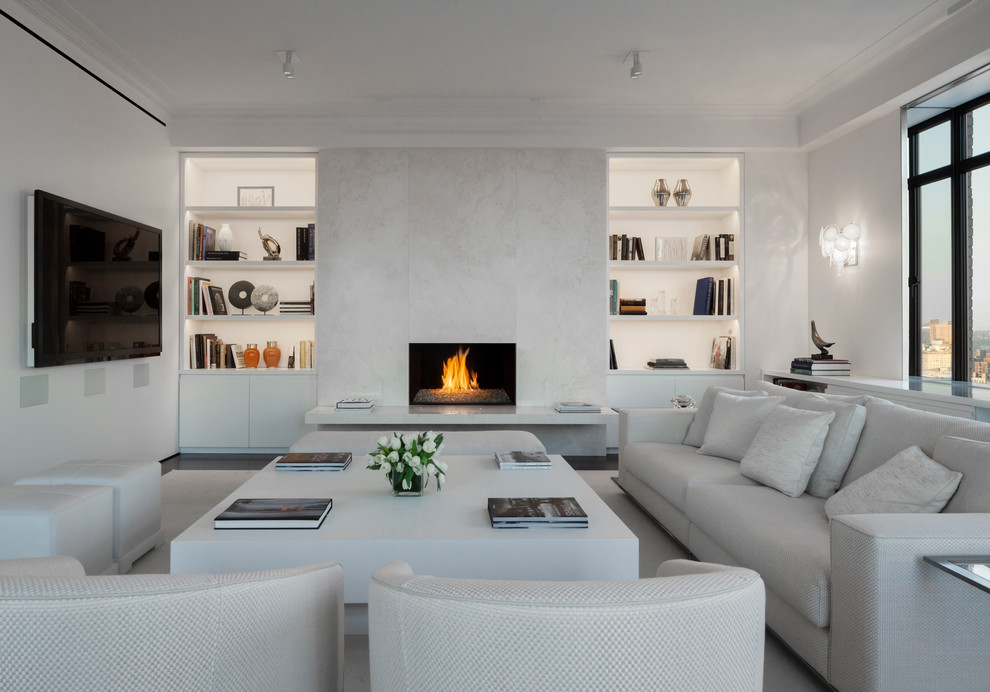 White Lacquer Table  for Contemporary Family Room with Fireplace