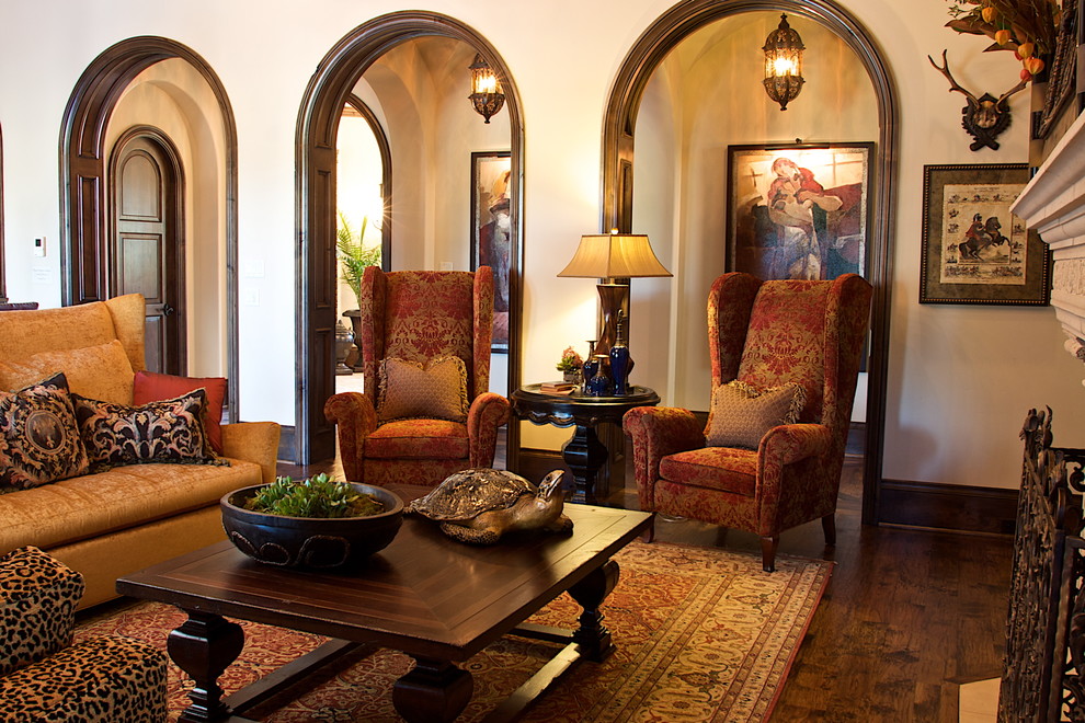 White Table  for Mediterranean Family Room with Dark Floor
