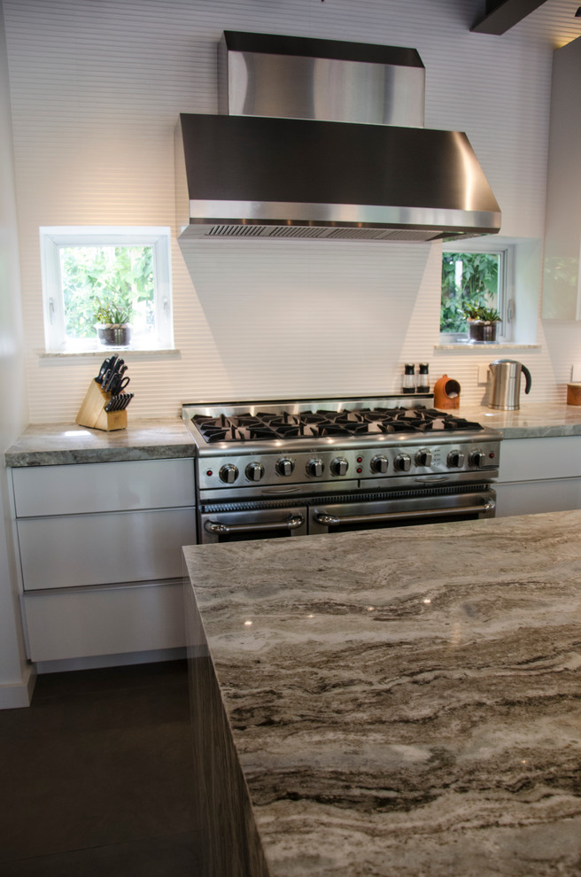 Wynwood Walls for Contemporary Kitchen with Waterfall Countertop