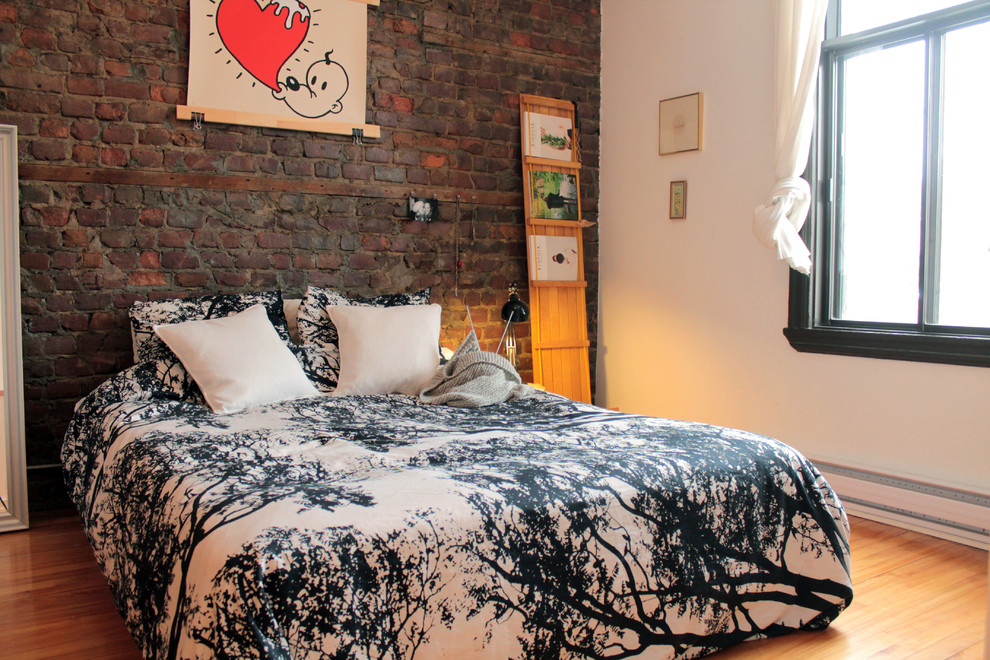 Bedspreads and Comforters for Eclectic Bedroom with Exposed Brick