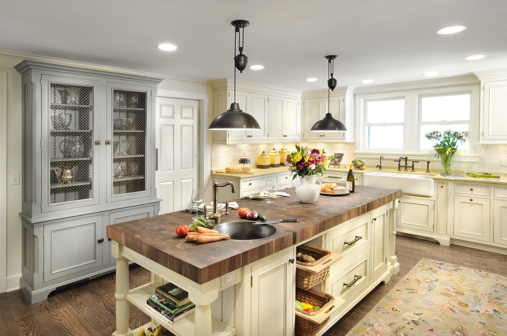 Butcher Block Island for Traditional Kitchen with Farmhouse Sink