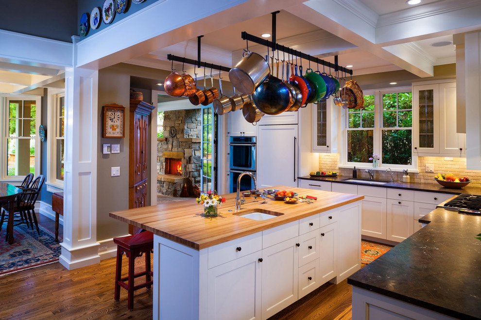 Butcher Block Island for Traditional Kitchen with Shelves