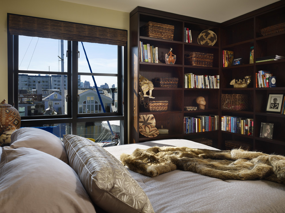 Corner Bookshelf for Contemporary Bedroom with Casement Windows