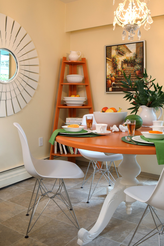 Corner Bookshelf for Eclectic Dining Room with Orange Corner Bookshelf