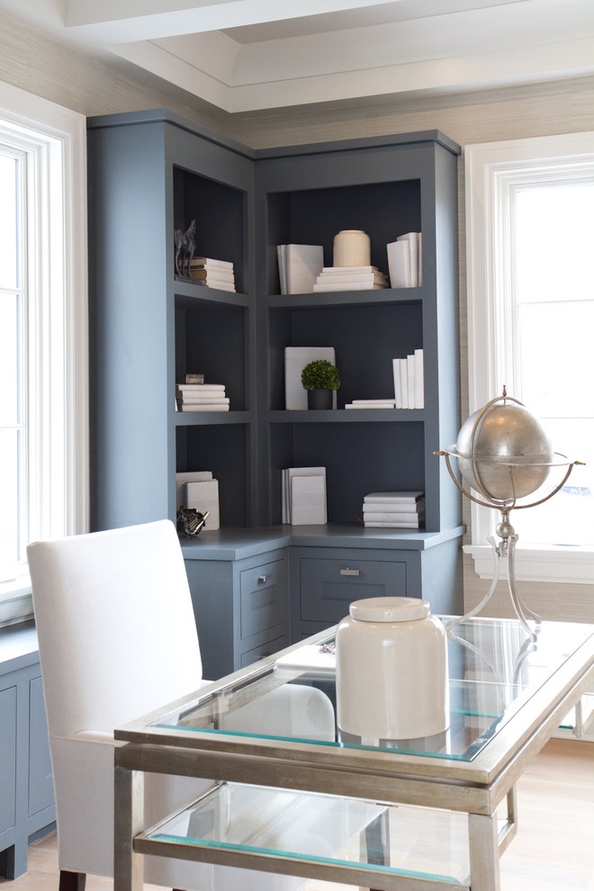 Corner Bookshelf for Farmhouse Home Office with Globe