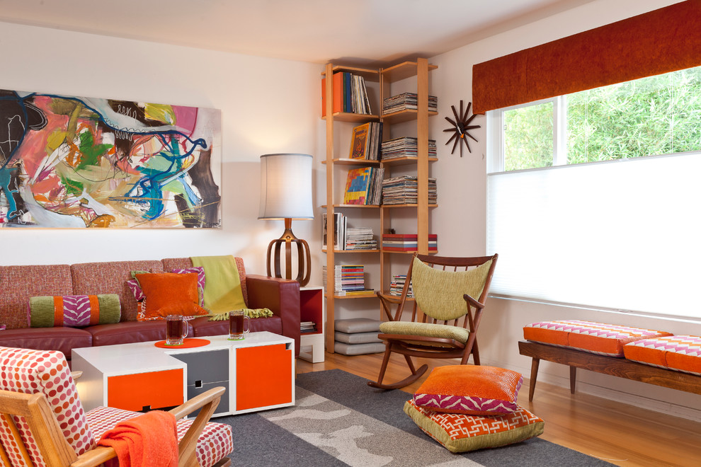Corner Bookshelf for Midcentury Family Room with Bench Seating