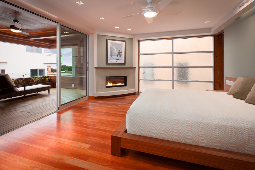 Corner Gas Fireplace for Contemporary Bedroom with Trey Ceiling