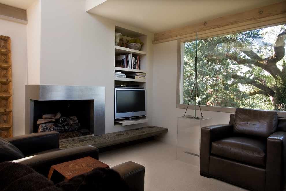 Corner Gas Fireplace for Contemporary Family Room with Transparent Table