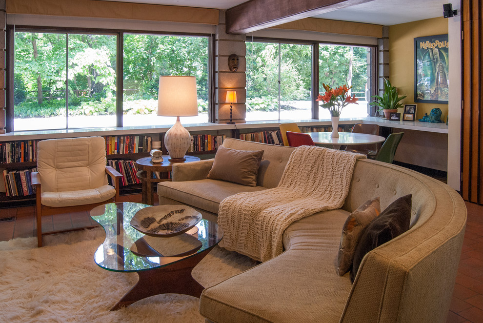Curved Couch for Midcentury Living Room with Built in Bookcase