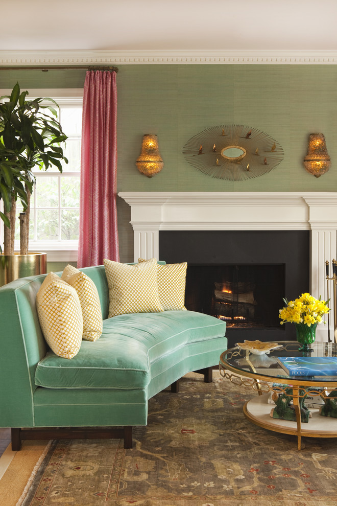 Curved Couch for Transitional Living Room with Fireplace