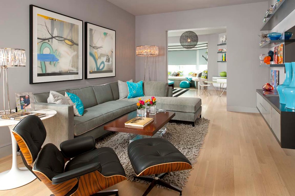 Curved Sectional Sofa for Contemporary Family Room with Floating Shelves