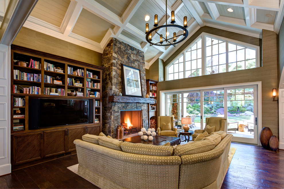 Curved Sectional Sofa for Traditional Family Room with Painted Wood Ceiling