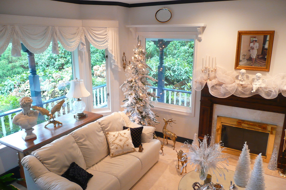 Flocked Christmas Tree for Traditional Living Room with Golden Reindeer