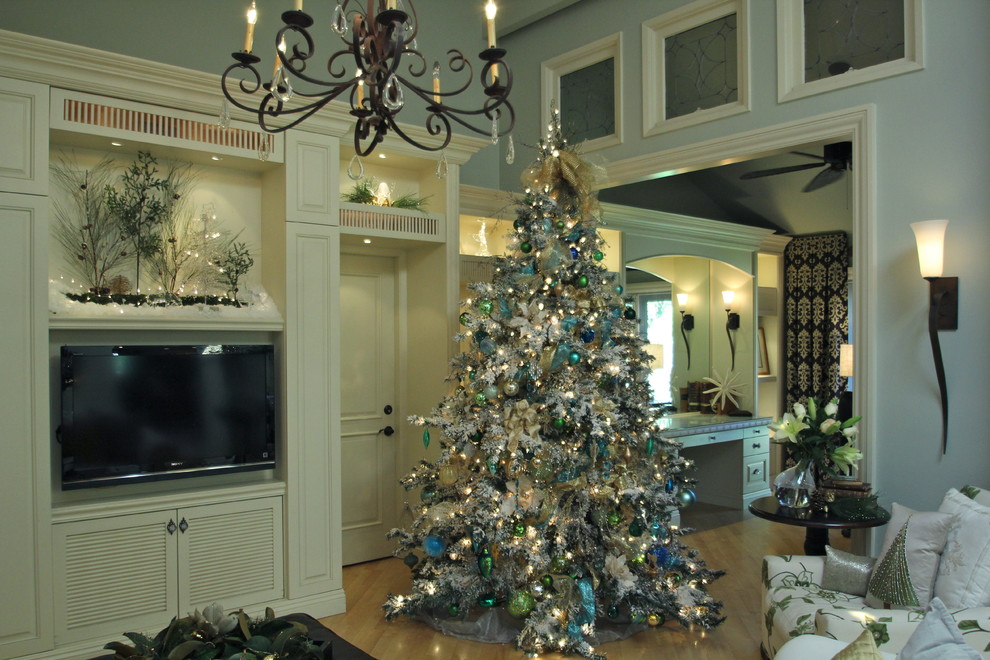 Flocked Christmas Tree for Traditional Living Room with Ribbons and Bows on Your Tree