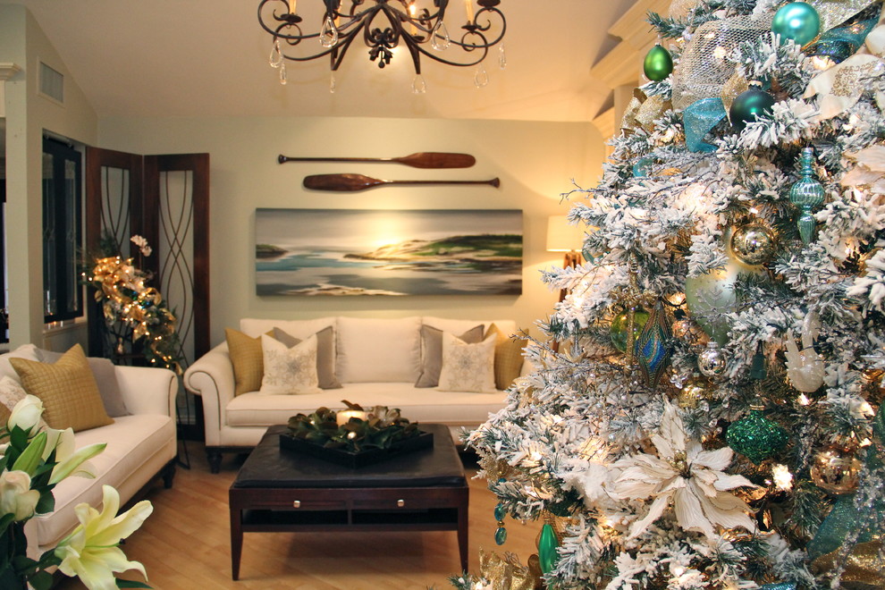 Flocked Christmas Tree for Transitional Living Room with Christmas Lights