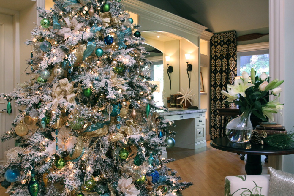 Flocked Christmas Tree for Transitional Living Room with Christmas