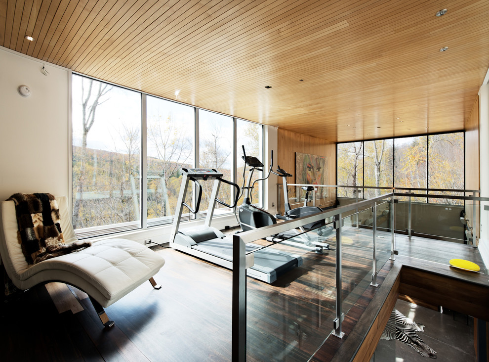 Leather Chaise Lounge for Contemporary Home Gym with Dark Wood Floor