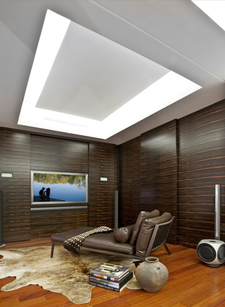 Leather Chaise Lounge for Contemporary Home Theater with Coffee Table Books