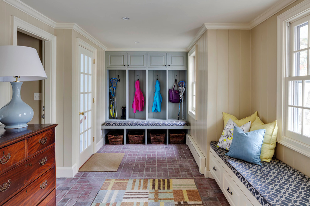 Mudroom Bench for Traditional Entry with Light Blue Cabinets
