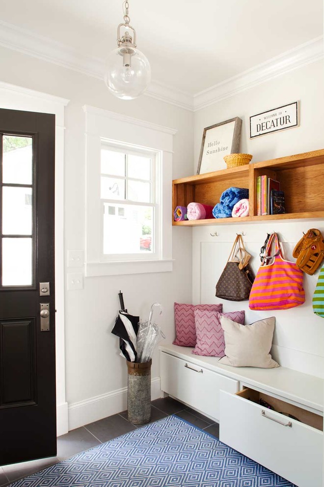 Mudroom Bench for Transitional Entry with Overhead Storage