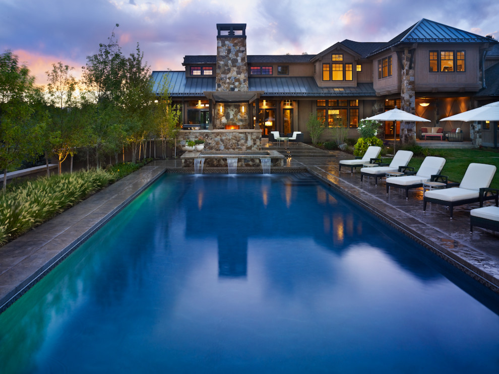 Outdoor Chaise Lounge for Rustic Pool with Stone Siding