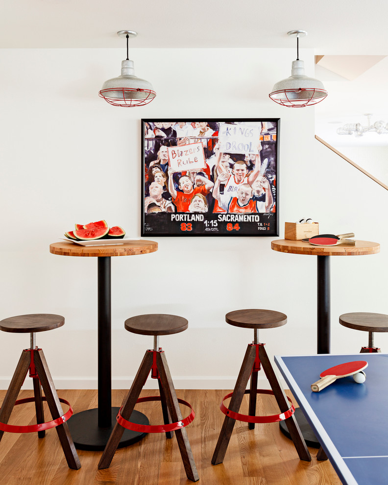 Pub Tables and Chairs for Contemporary Basement with Custom Artwork