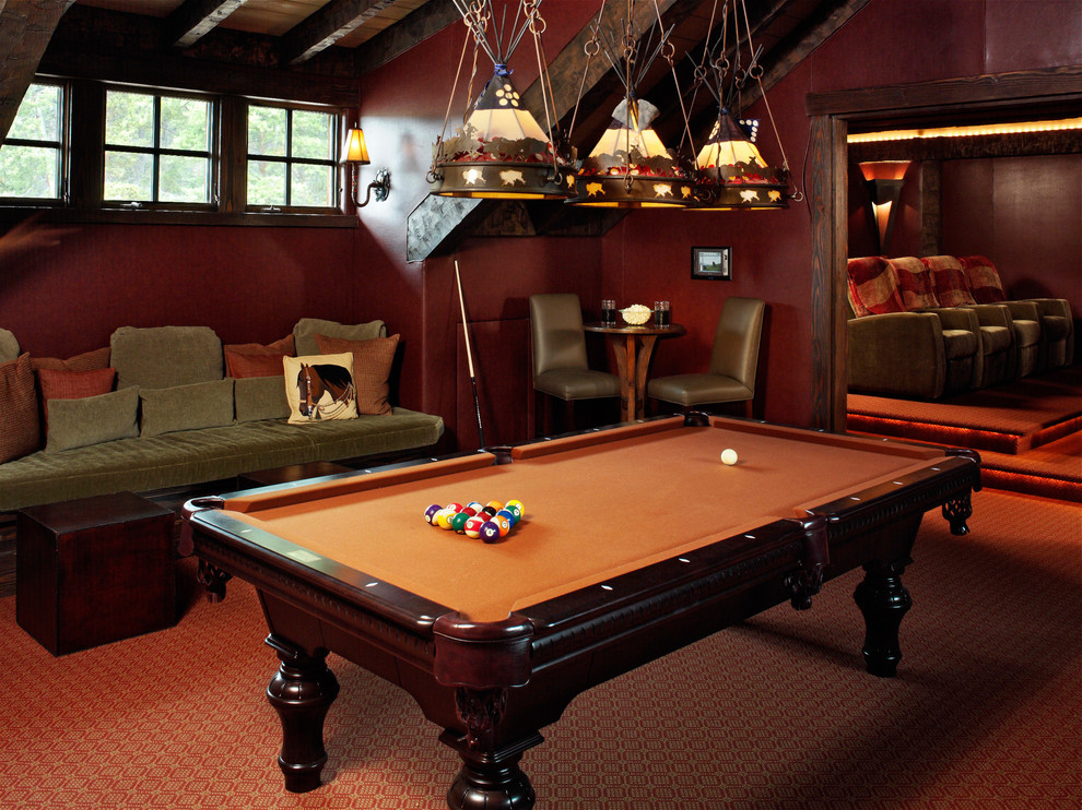 Pub Tables and Chairs for Rustic Home Theater with Colored Glass Pendant Light