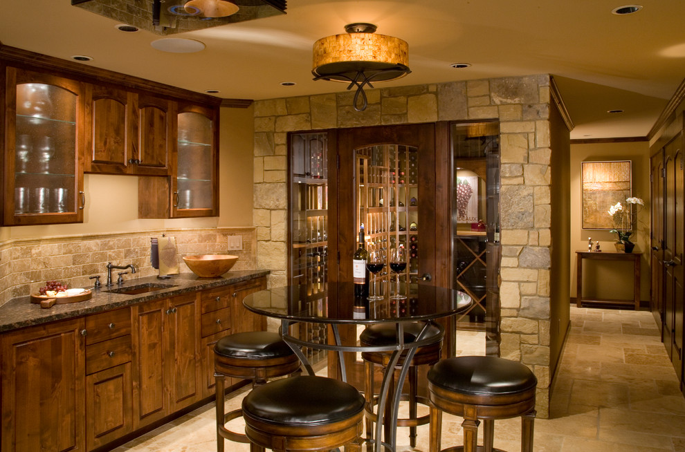 Pub Tables and Chairs for Traditional Home Bar with Stone Wall