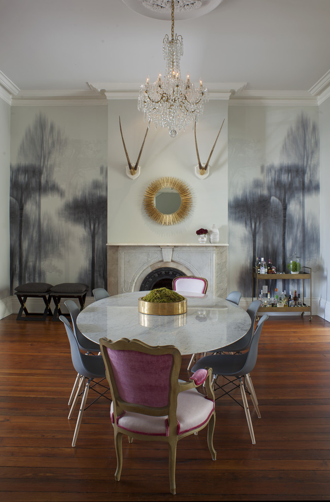 Purple Accent Chair for Transitional Dining Room with Patterned Gray Walls