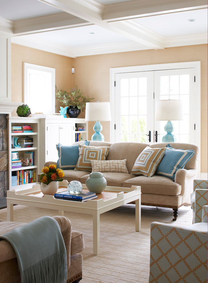 Sofa and Loveseat Set for Beach Style Living Room with Bookcases