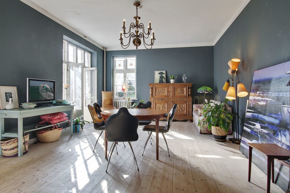 Tiffany Lamps for Eclectic Dining Room with Blue Gray Wall