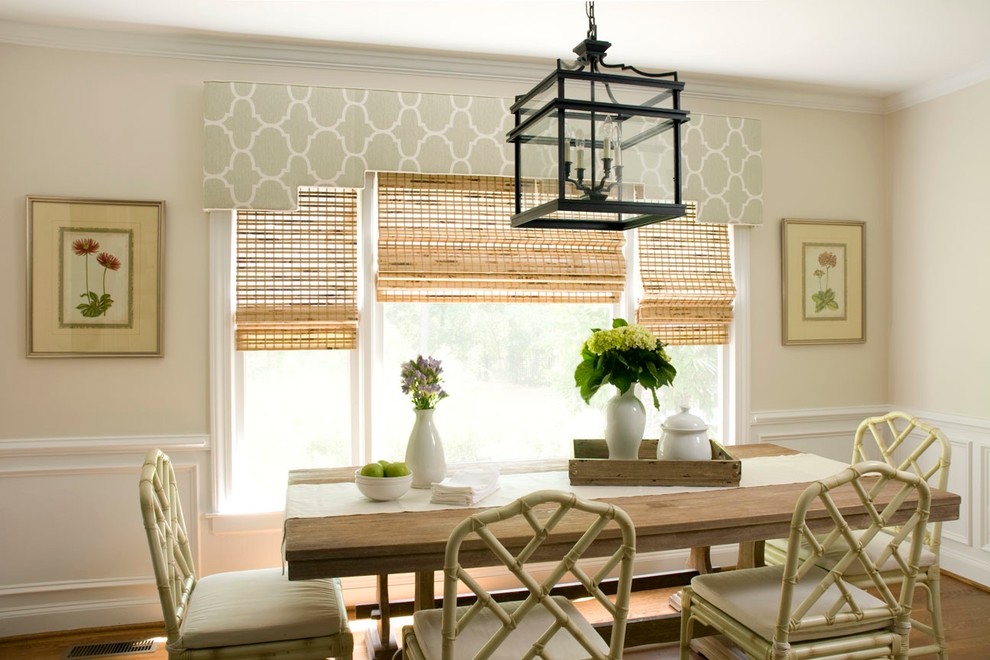 Window Valances for Traditional Dining Room with Rustic Wood Dining Table