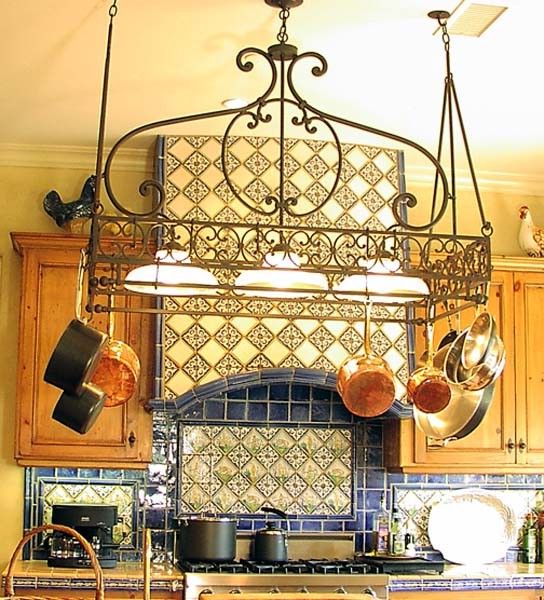 Bakers Rack for Mediterranean Kitchen with Pot Rack with Down Lights by Steven Hand