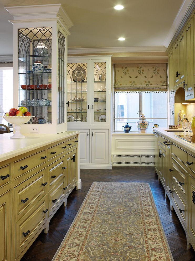 Curio Cabinets for Traditional Kitchen with Dark Floor