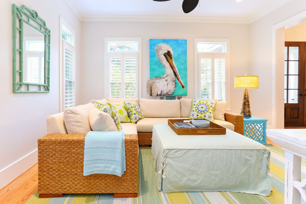 Ottoman Coffee Table for Beach Style Family Room with Beige Sofa