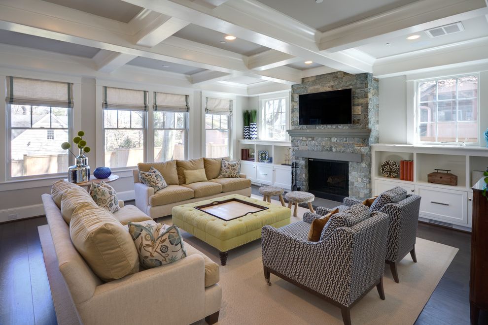 Ottoman Coffee Table for Transitional Family Room with Beige Area Rug