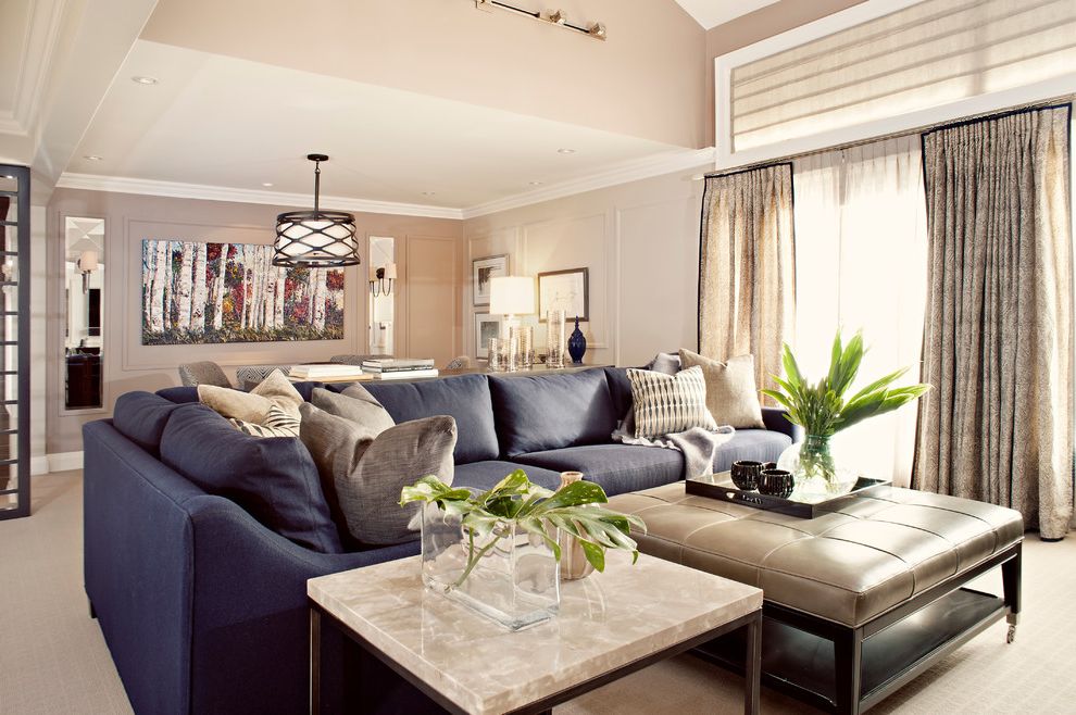 Ottoman Coffee Table for Transitional Family Room with Throw Pillows