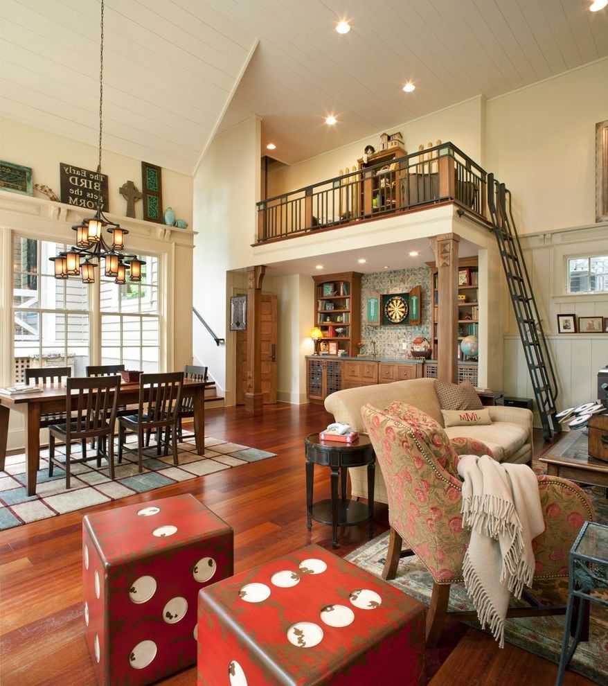 Pub Table and Chairs for Contemporary Family Room with Tall Windows