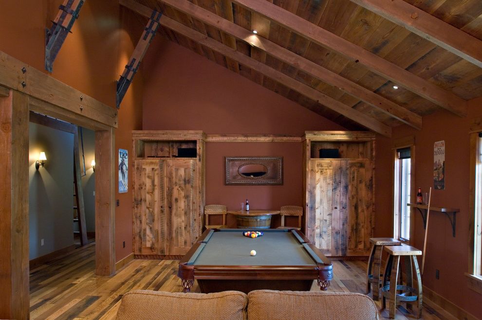 Pub Table and Chairs for Rustic Family Room with Door Casing