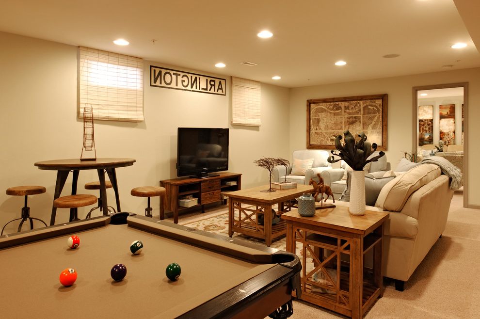 Pub Table and Chairs for Traditional Basement with Area Rug